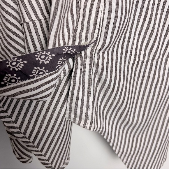 Tulip Lagenlook Shirt Brownish Gray Stripe Loose Asymmetrical Hem Button Down - Picture 10 of 14